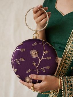 ARTKLIM - Light Gold Velvet Floral Round Embroidered Clutch