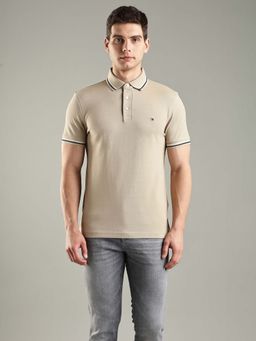 Tommy Hilfiger - Beige Solid Slim Fit Cotton Polo T-shirt