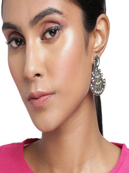 Accessher - Oxidized Silver-Plated Multi Studded Filigree Drop Earrings For Women And Girls