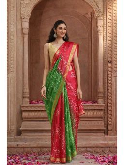 Geroo Jaipur - Handcrafted Green and Red Art Silk Saree