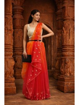Geroo Jaipur - Orange & Red Shaded Handcrafted Organza Saree