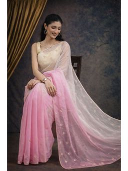 Geroo Jaipur - Pink and Off White Shaded Handcrafted Organza Saree