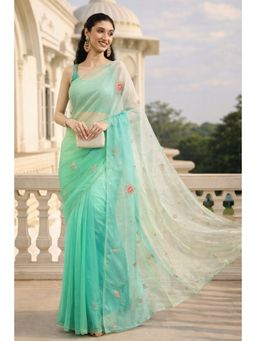 Geroo Jaipur - Green Shaded Handcrafted Organza Saree