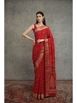 Geroo Jaipur - Red Handcrafted Zari Bandhani Saree
