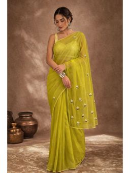 Geroo Jaipur - Green Hand Embroidered Organza Saree