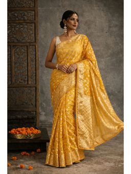 Geroo Jaipur - Yellow Floral Zari Organza Banarasi Saree