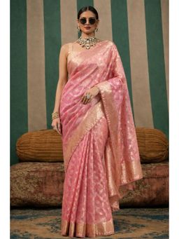 Geroo Jaipur - Pink Handcrafted Floral Zari Organza Banarasi Saree