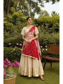 Geroo Jaipur - Off-White Handcrafted Gota Work Chanderi Lehenga Set