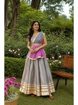Geroo Jaipur - Grey Handcrafted Gota Work Chanderi Lehenga Set