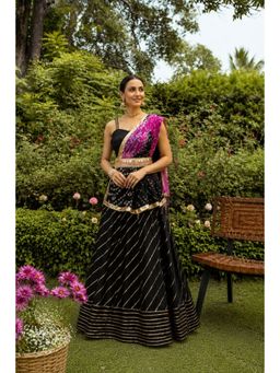 Geroo Jaipur - Black Handcrafted Gota Work Chanderi Lehenga Set