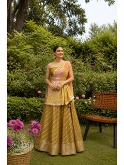 Geroo Jaipur - Golden Handcrafted Gota Work Chanderi Lehenga Set