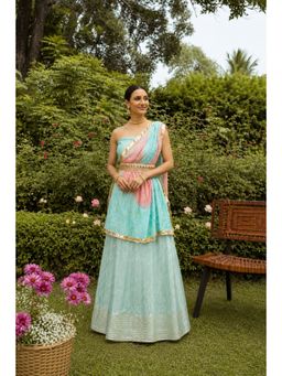 Geroo Jaipur - Light Blue Handcrafted Gota Work Chanderi Lehenga Set