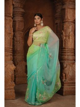 Geroo Luxe - Green Shaded Handcrafted Embellished Gota Patti Chiffon Saree