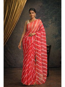 Geroo Jaipur - Pink Handcrafted Leheriya Organza Saree With Pittan Work