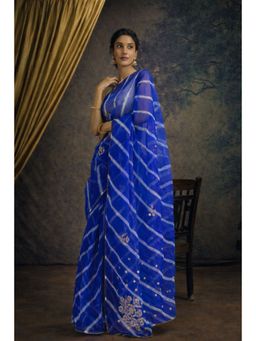 Geroo Jaipur - Blue Handcrafted Pittan Work Organza Leheriya Saree