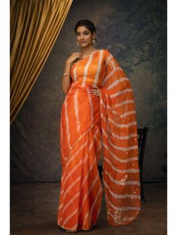 Geroo Jaipur - Orange Handcrafted Leheriya Organza Saree With Pittan Work