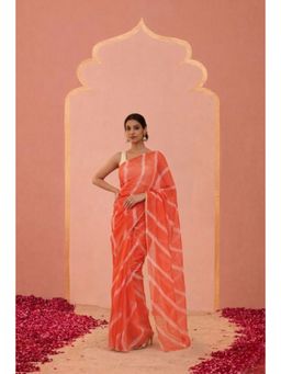 Geroo Jaipur - Pink Handcrafted Leheriya Organza Saree