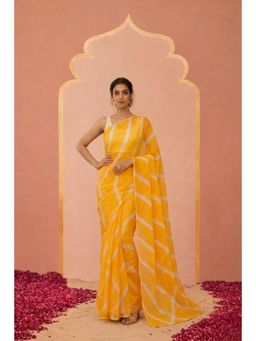 Geroo Jaipur - Yellow Handcrafted Leheriya Organza Saree