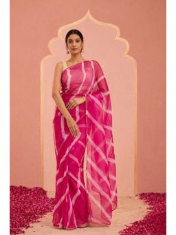 Geroo Jaipur - Magenta Pink Handcrafted Leheriya Organza Saree