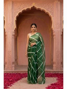 Geroo Jaipur - Green Handcrafted Leheriya Organza Saree