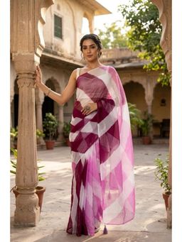 Geroo Jaipur - Pink, Wine & White Handcrafted Leheriya Organza Saree With Tassels