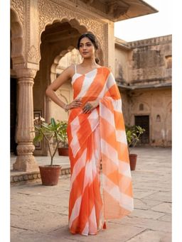 Geroo Jaipur - Orange & White Handcrafted Leheriya Organza Saree With Tassels