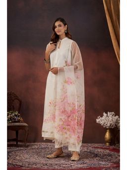 Geroo Jaipur - Off White Hand-Painted Organza Dupatta with Tassels