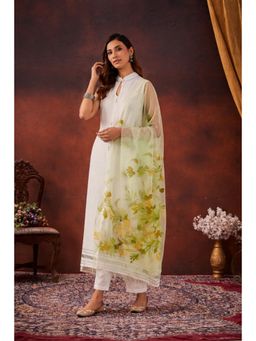 Geroo Jaipur - Green Hand-Painted Organza Dupatta with Tassels