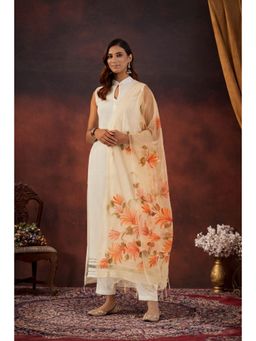 Geroo Jaipur - Yellow Hand-Painted Organza Dupatta with Tassels
