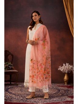 Geroo Jaipur - Peach Hand-Painted Organza Dupatta with Tassels