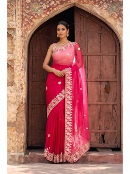 Geroo Jaipur - Pink Shaded Handcrafted Gota Patti Organza Saree with Unstitched Blouse