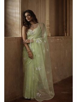 Geroo Jaipur - Green Handcrafted Gota Patti Organza Saree with Unstitched Blouse