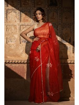 Geroo Jaipur - Red Handcrafted Gota Patti Organza Saree with Unstitched Blouse