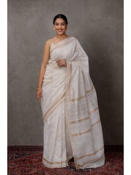 Geroo Jaipur - White Pure Chanderi Hand Block Printed Saree with Unstitched Blouse