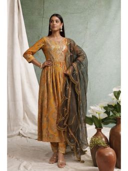 Geroo Jaipur - Mustard Yellow Silk Embroidered Bandhani Kurta with Pant and Dupatta (Set of 3)