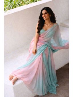 Geroo Jaipur - Pink-Green Shaded Mukaish Hand Embroidered Chiffon Saree with Unstitched Blouse