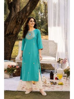 Geroo Jaipur - Green Hand Embroidered Straight Rayon Kurta