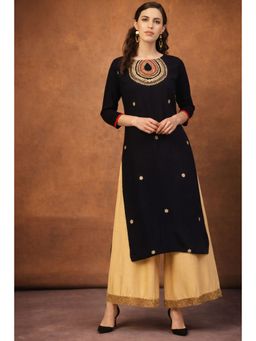 Geroo Jaipur - Black Hand Embroidered Straight Rayon Kurta