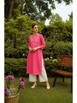Geroo Jaipur - Pink Hand Embroidered Straight Rayon Kurta