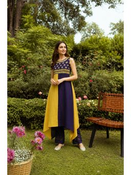 Geroo Jaipur - Yellow & Blue Hand Embroidered Cotton Kurta