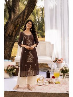 Geroo Jaipur - Brown Hand Embroidered Gota Patti Chanderi Kurta with Palazzo