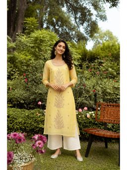 Geroo Jaipur - Yellow Hand Embroidered Gota Patti Chanderi Kurta with Palazzo