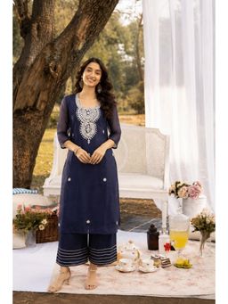 Geroo Jaipur - Navy Blue Hand Embroidered Chanderi Kurta with Palazzo