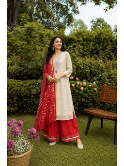 Geroo Jaipur - Beige Hand Embroidered Chanderi Kurta with Palazzo & Bandhani Dupatta
