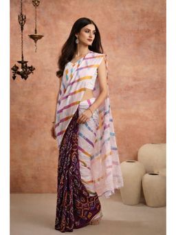 Geroo Jaipur - Hand Dyed White & Purple Bandhani Silk Saree