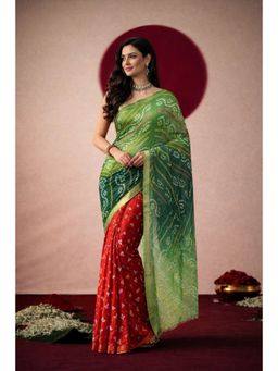 Geroo Jaipur - Hand Dyed Green & Red Bandhani Silk Saree