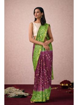 Geroo Jaipur - Hand Dyed Green & Purple Bandhani Silk Saree
