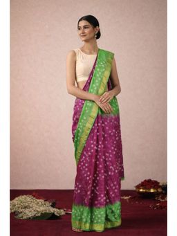 Geroo Jaipur - Hand Dyed Green & Pink Bandhani Silk Saree