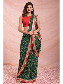 Geroo Jaipur - Hand Dyed Green Bandhani Georgette Saree