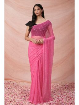 Geroo Jaipur - Hand Embroidered Pink Sequins chiffon Saree